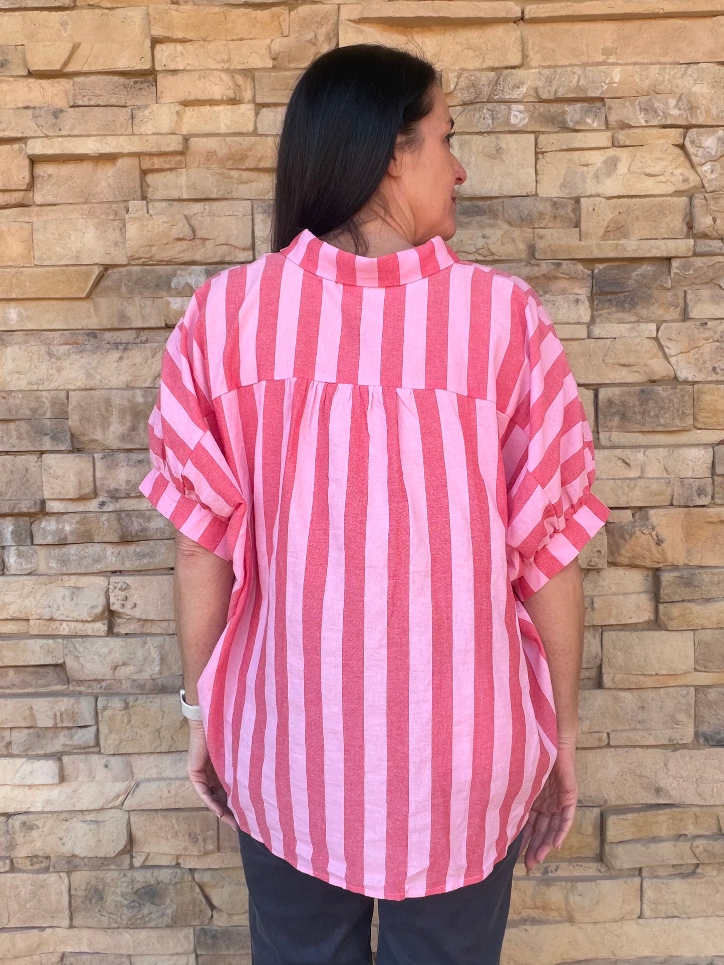 Day + Moon Striped Button Down Top, Red/Pink