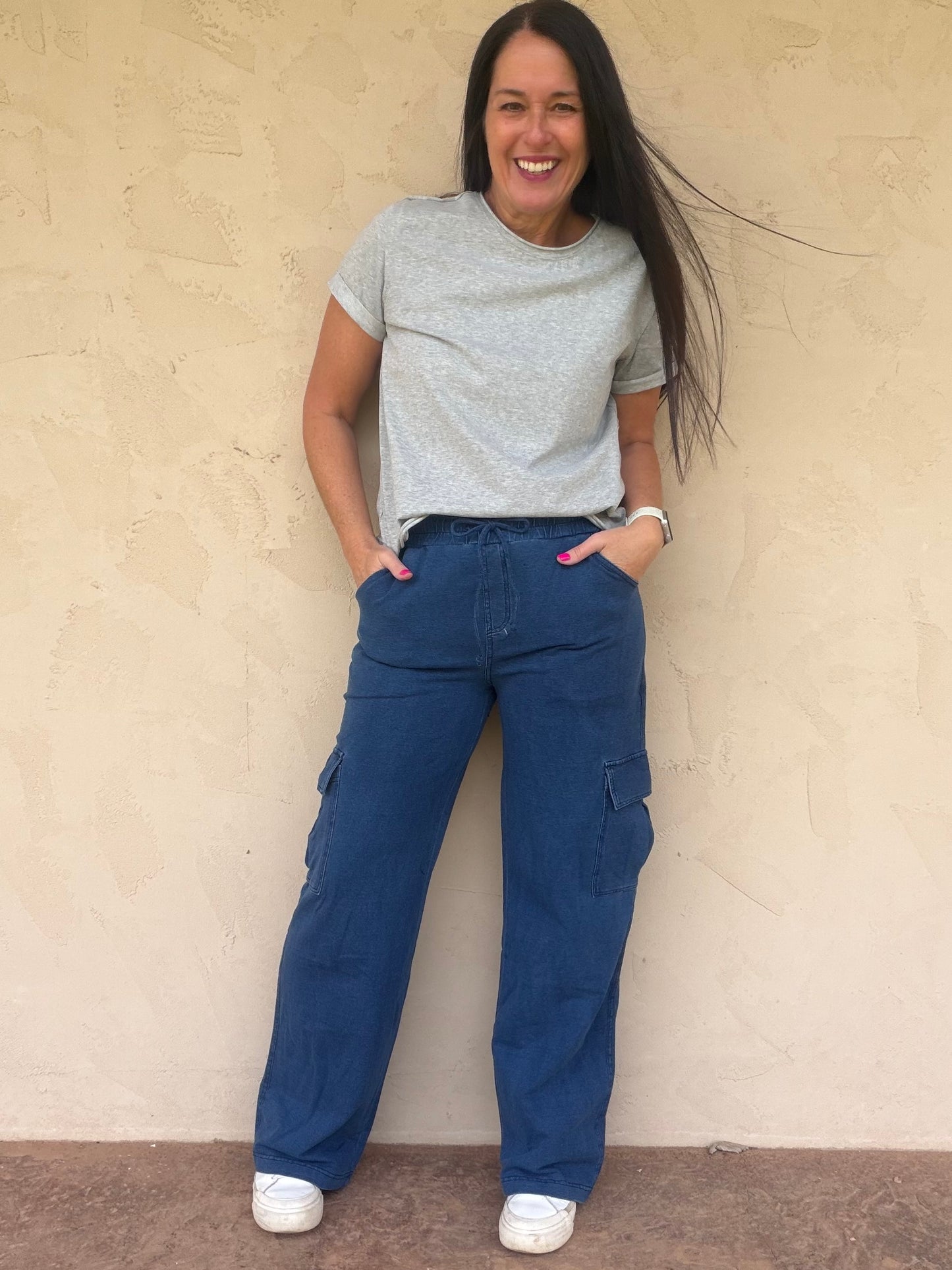 Mono B Mineral Wash Wide Leg Cargo Pants, Denim Blue