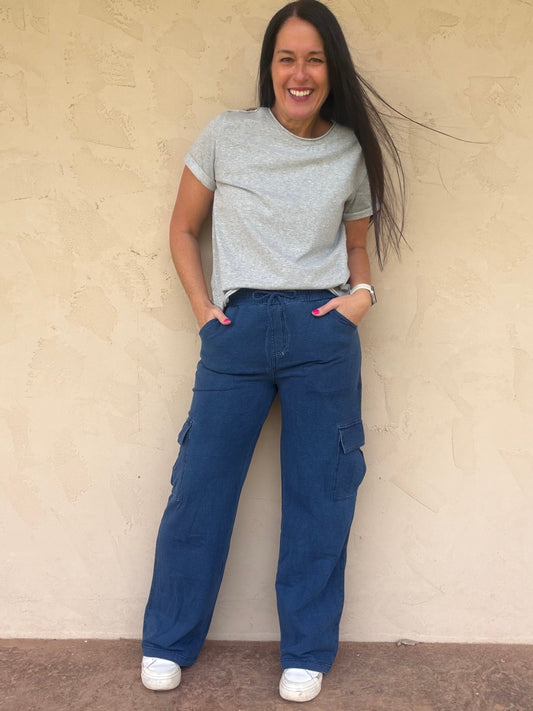 Mono B Mineral Wash Wide Leg Cargo Pants, Denim Blue