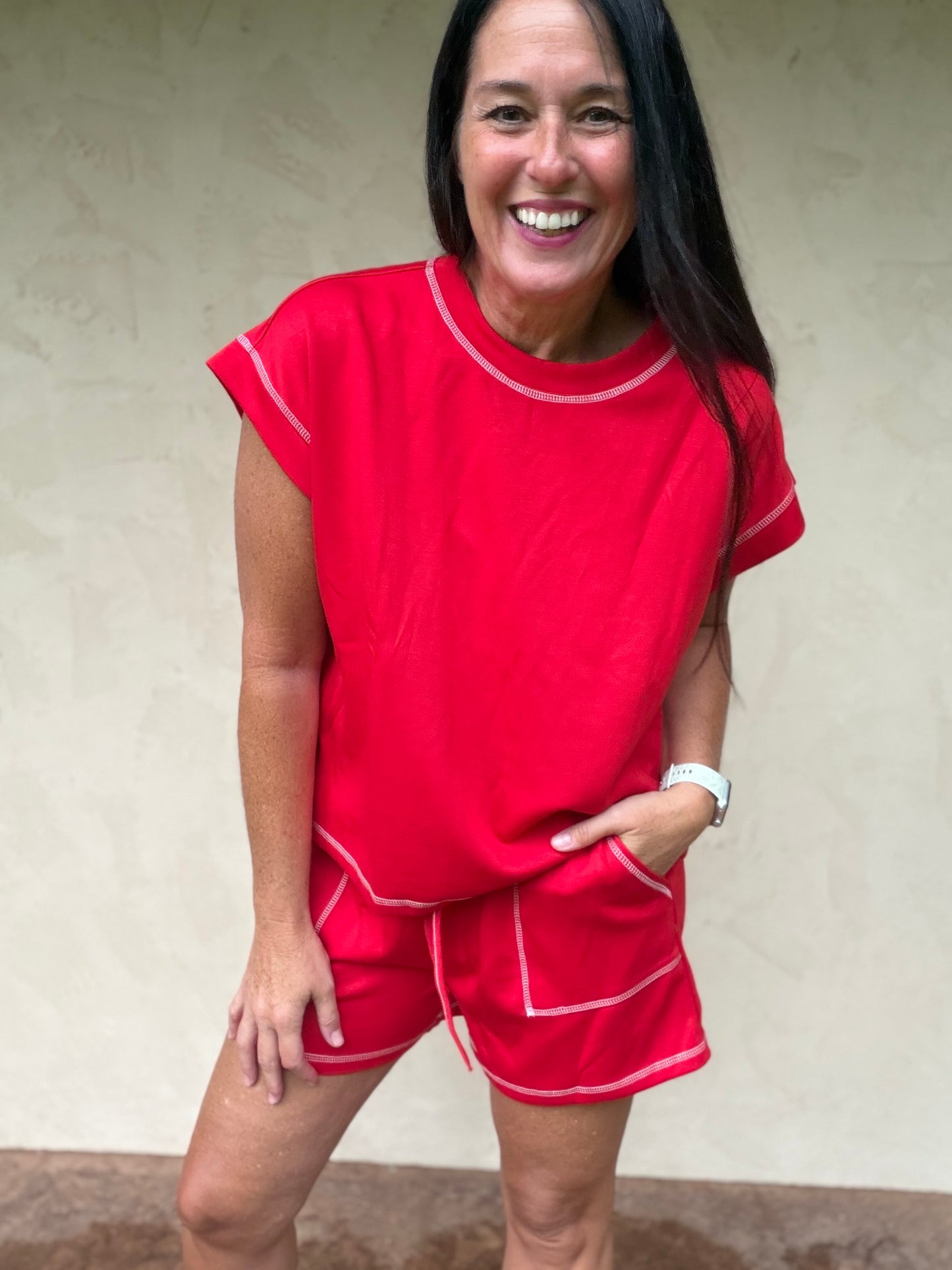 Scuba Contrast Stitch Lounge Set, Red