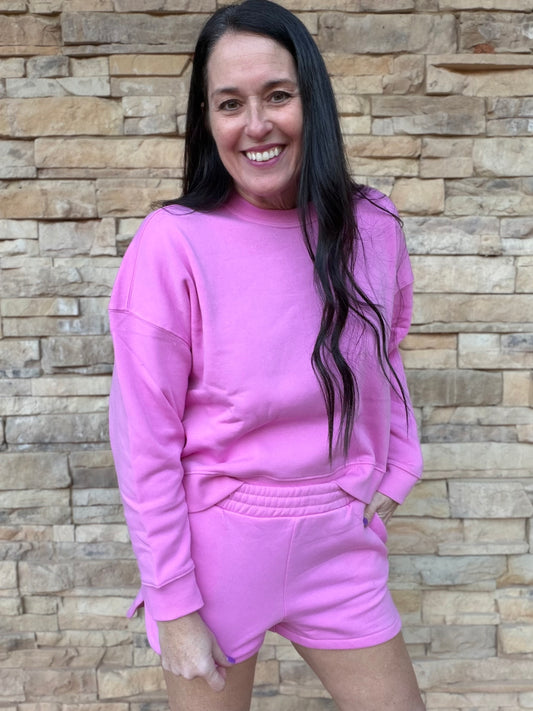 Zenana Sweatshirt & Shorts Set, Candy Pink