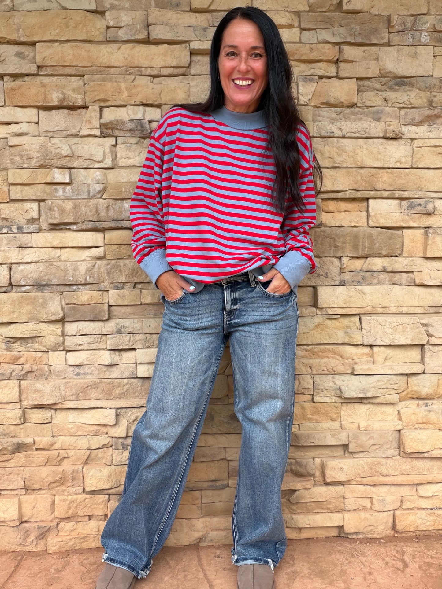 Contrast Stripe Terry Pullover, Denim/Red