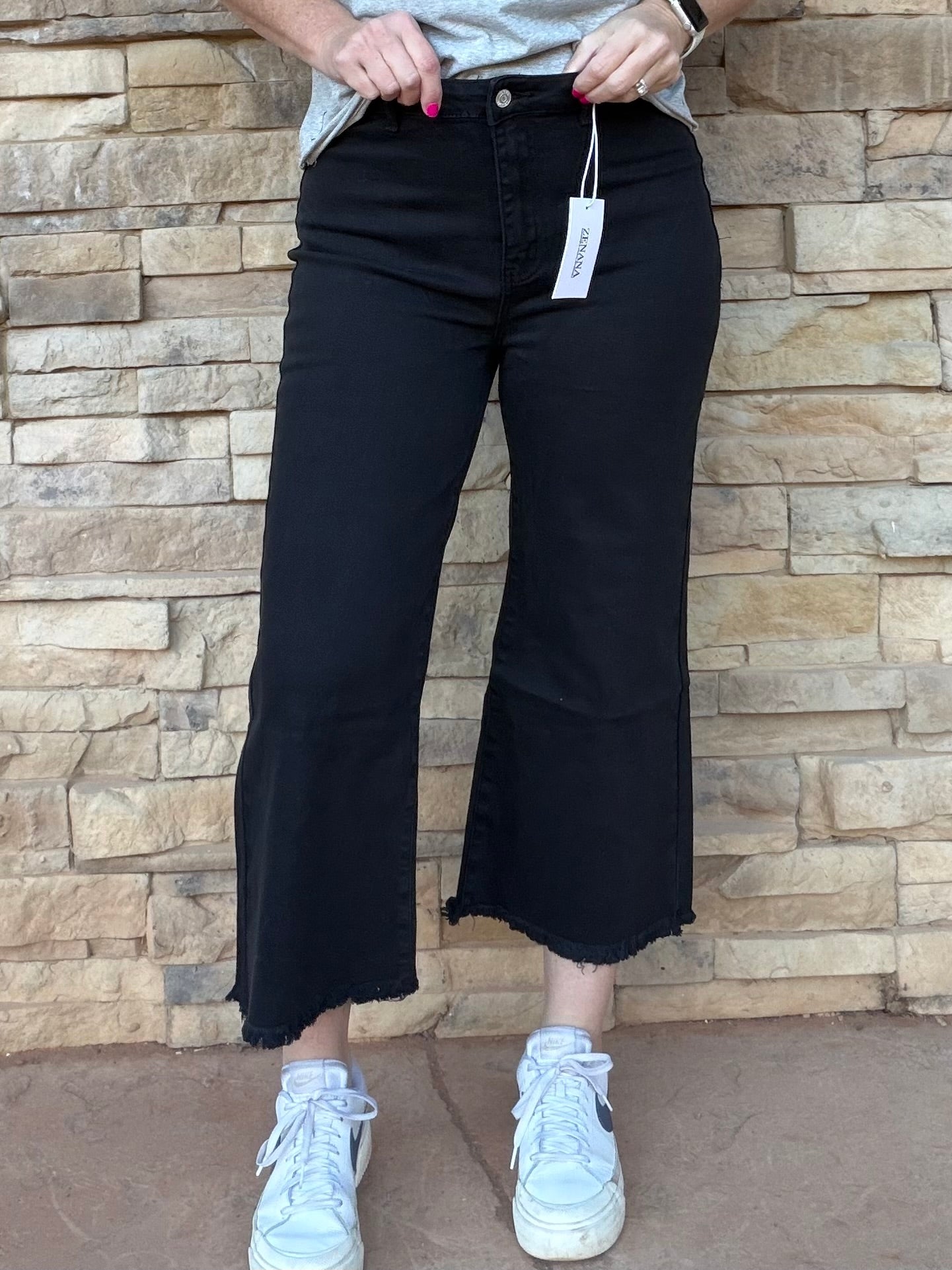 Zenana Acid Washed Frayed Hem Pants, Black