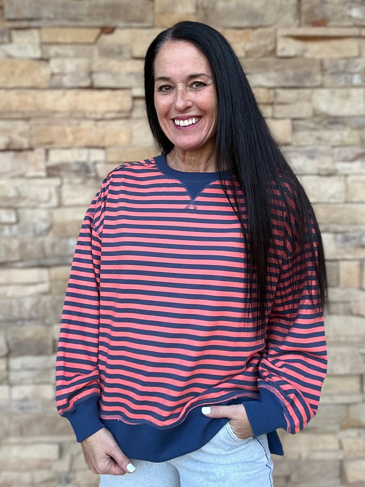 All Stripes Top, Coral/Navy