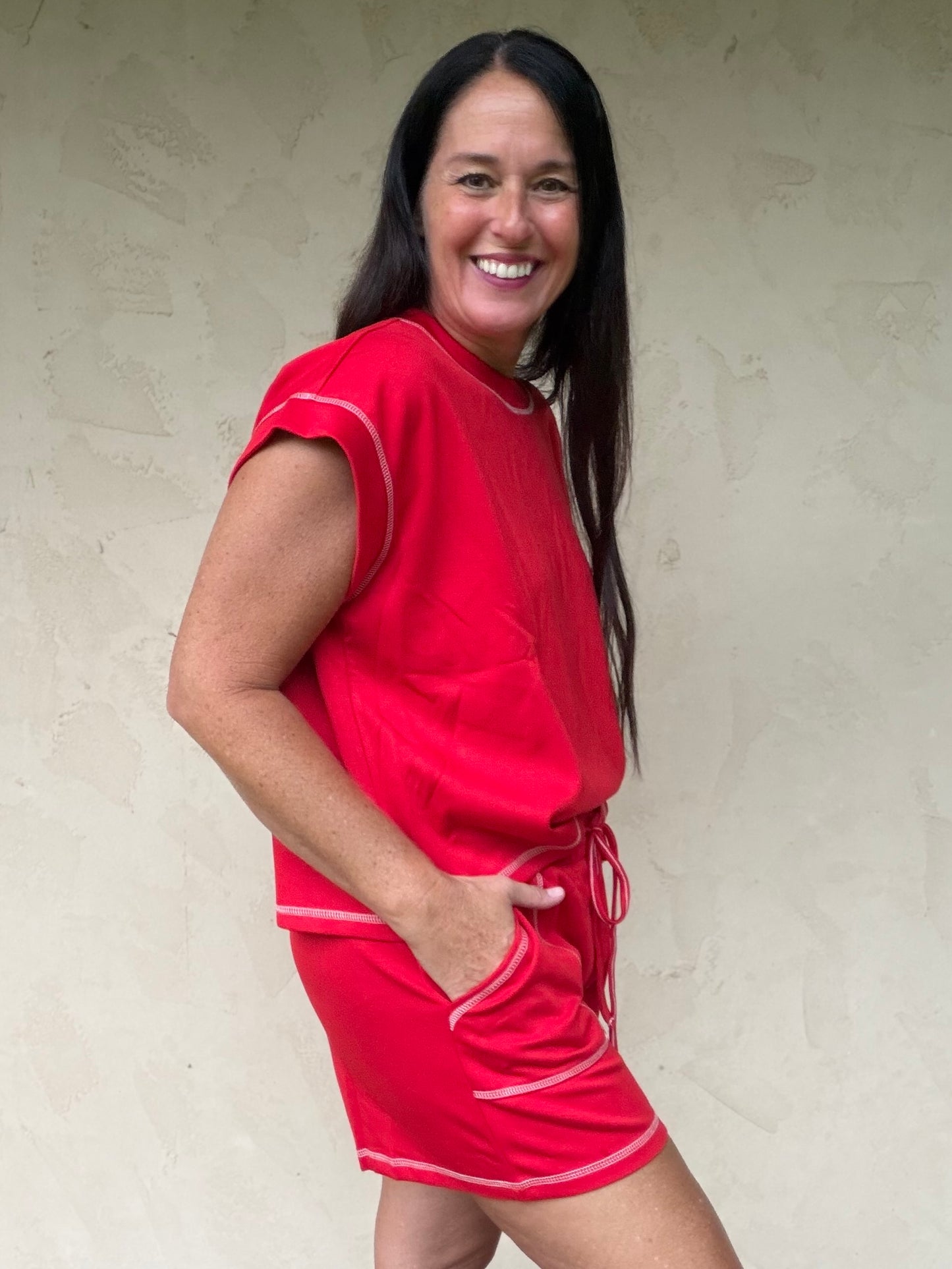 Scuba Contrast Stitch Lounge Set, Red