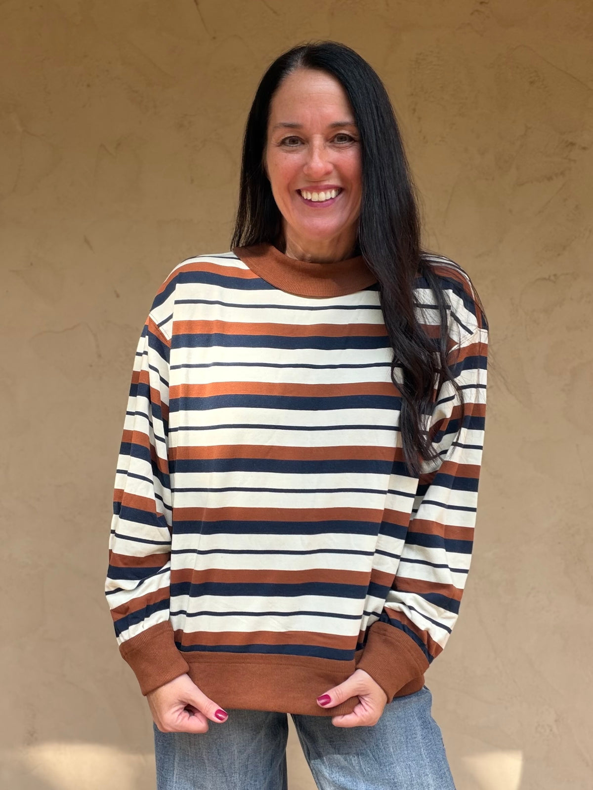 Oversized Striped Sweatshirt, Camel/Navy