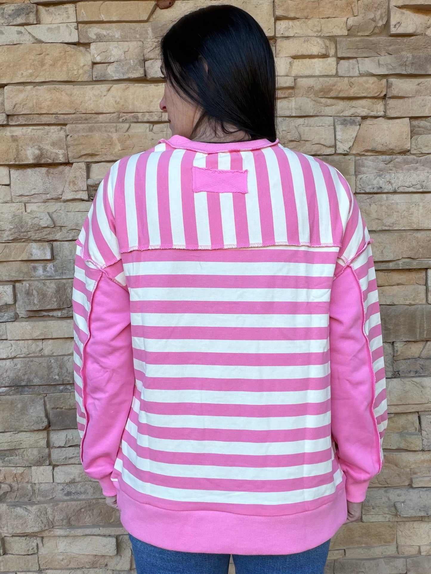 Striped Half Button Top, Pink
