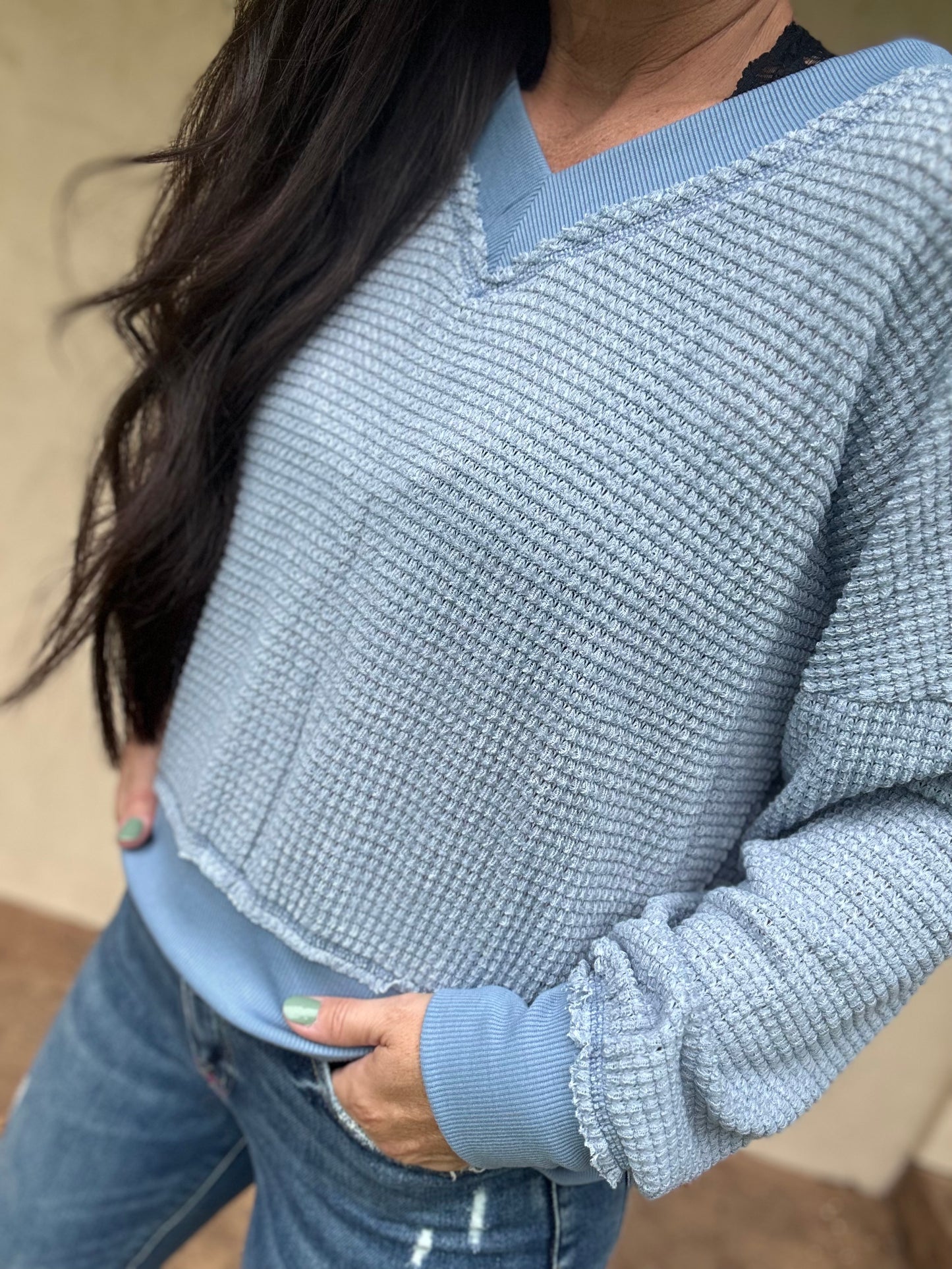 V-Neck Waffle Top, Denim Blue