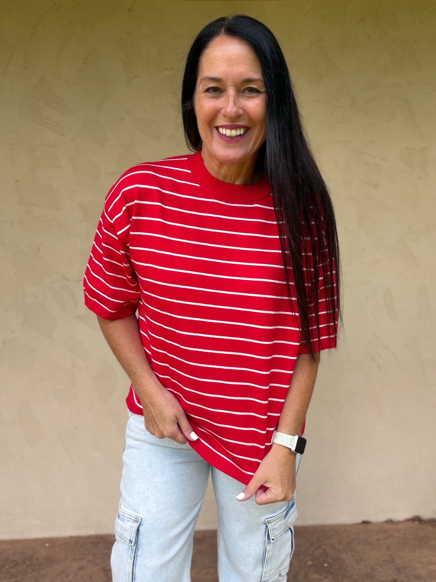 Striped Knit Short Sleeve Top, Red