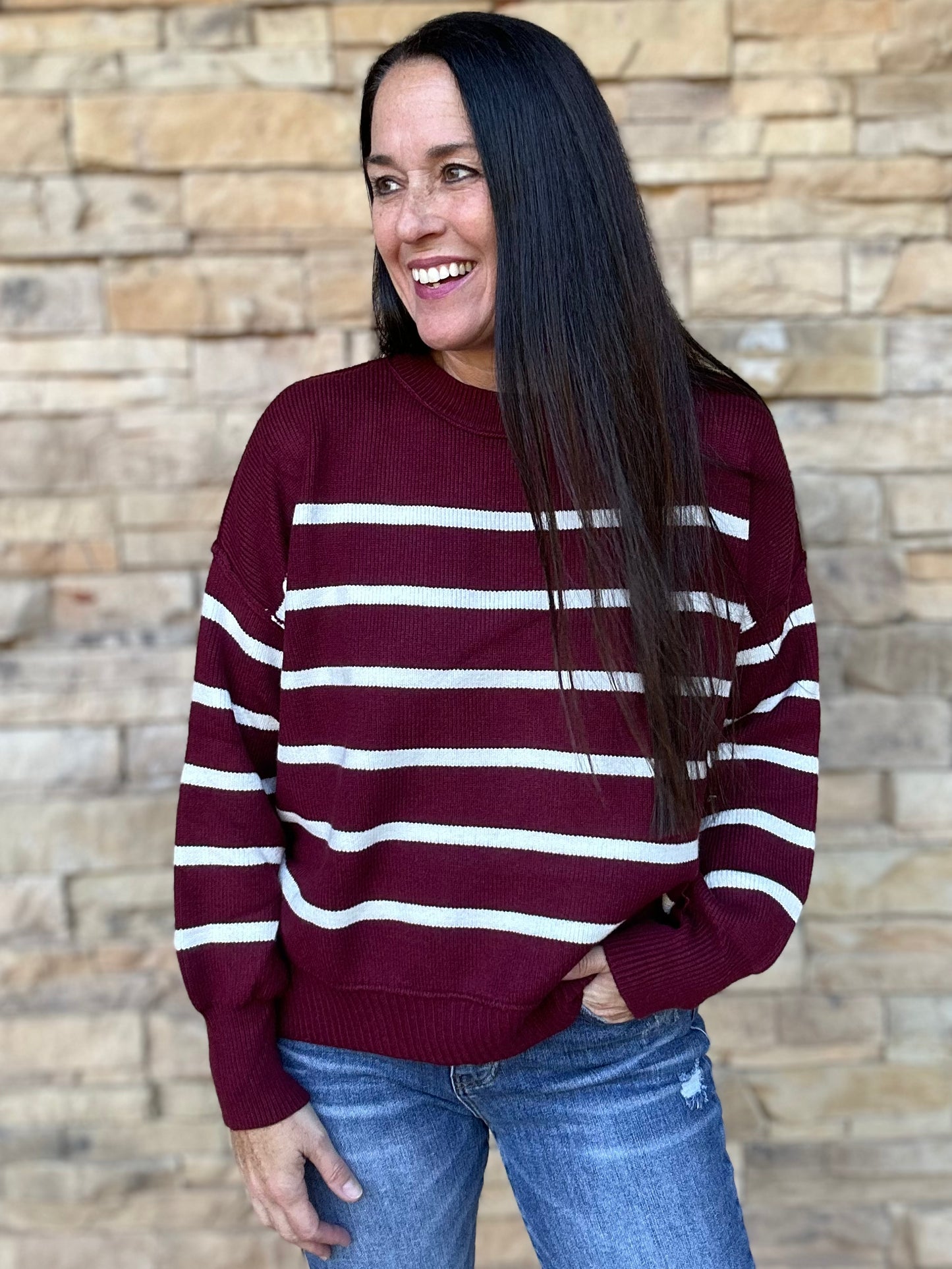 Gameday Striped Sweater, Burgundy