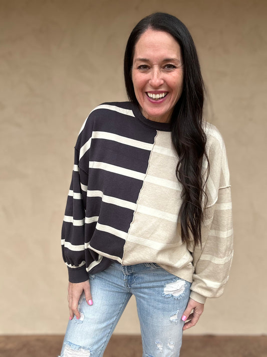 Two Tone Stripe Sweater, Charcoal/Taupe