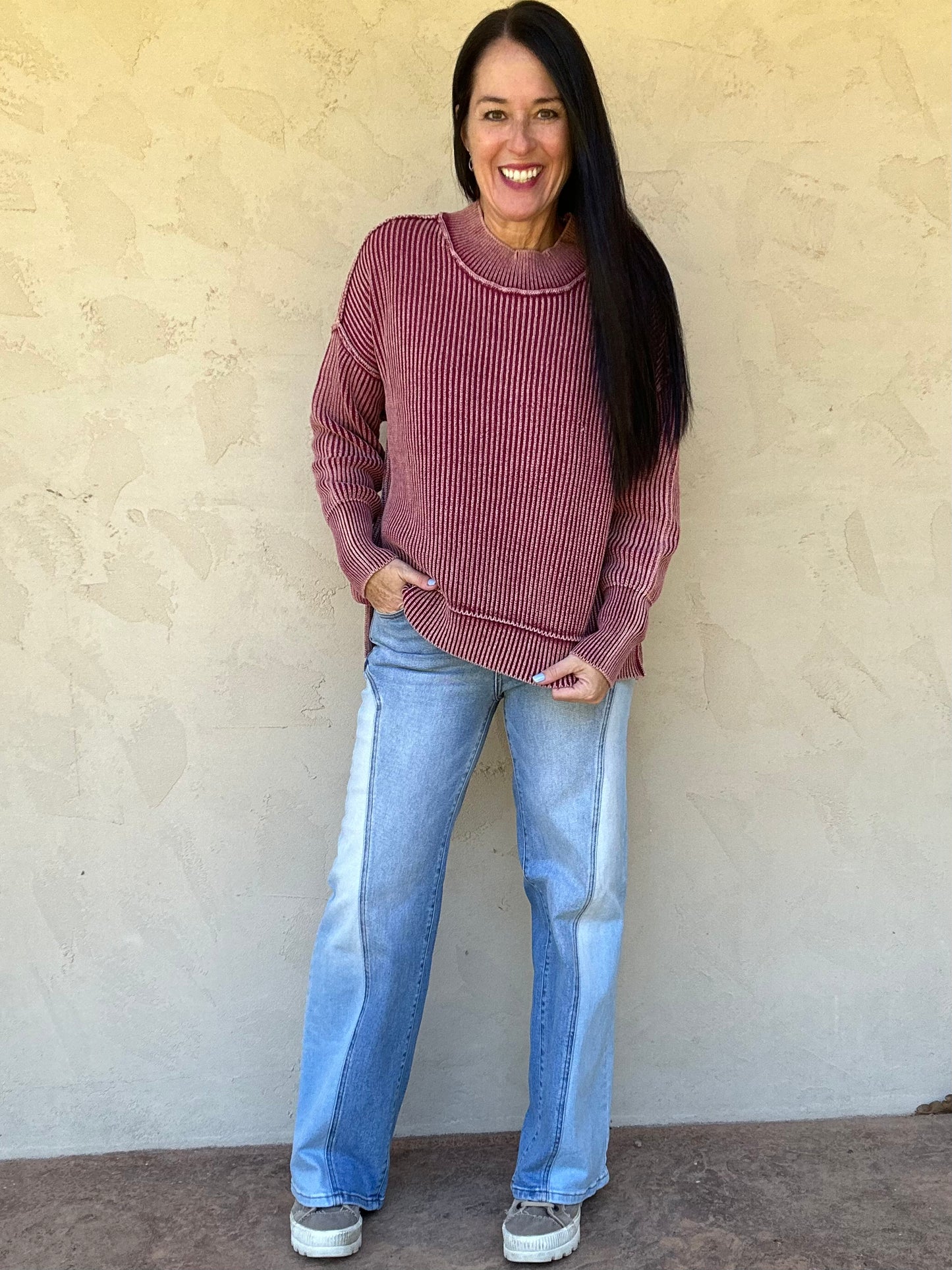 Zenana Acid Washed Side Slit Sweater, Cabernet