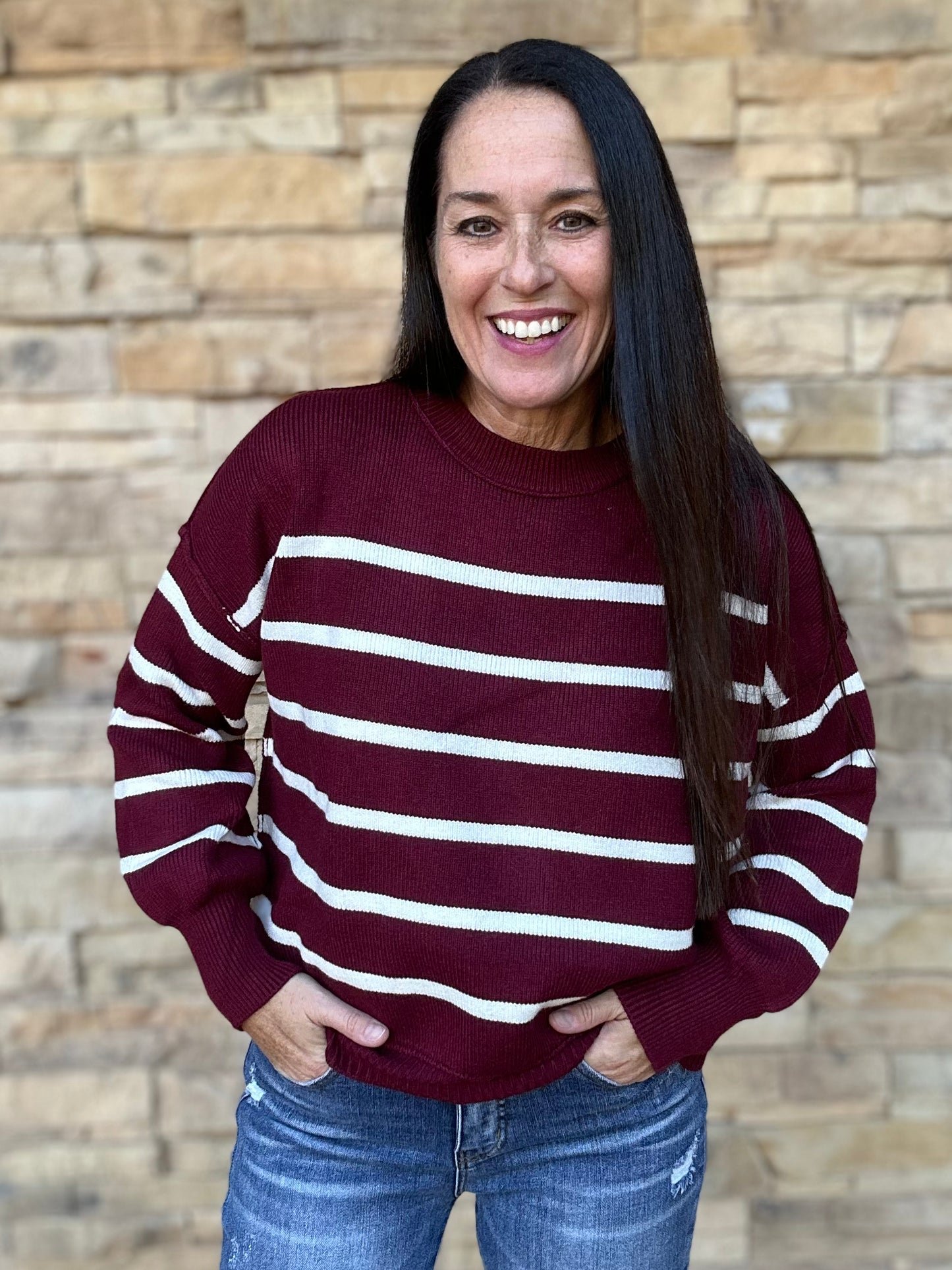 Gameday Striped Sweater, Burgundy