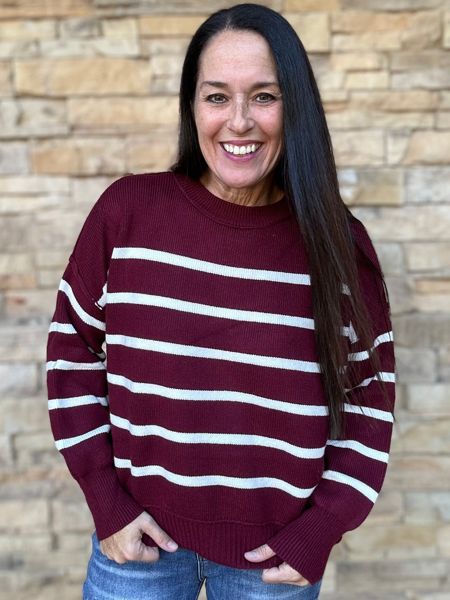 Gameday Striped Sweater, Burgundy