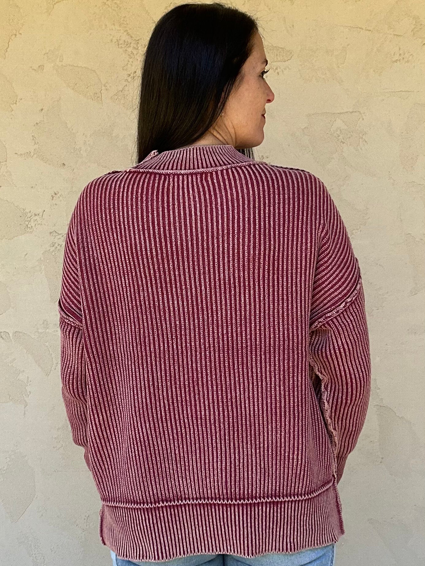Zenana Acid Washed Side Slit Sweater, Cabernet