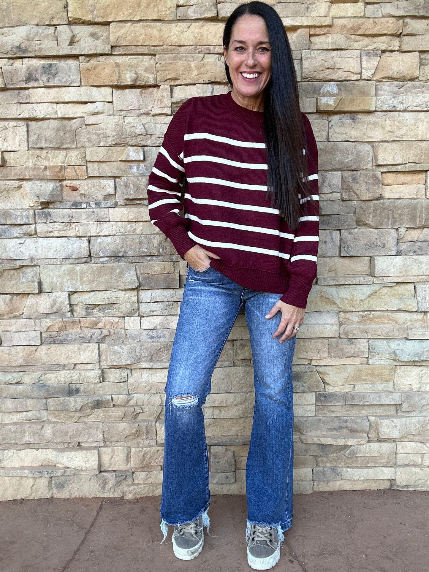 Gameday Striped Sweater, Burgundy