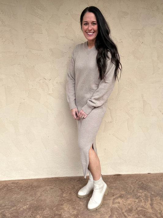 V-Neck Sweater Dress, Taupe