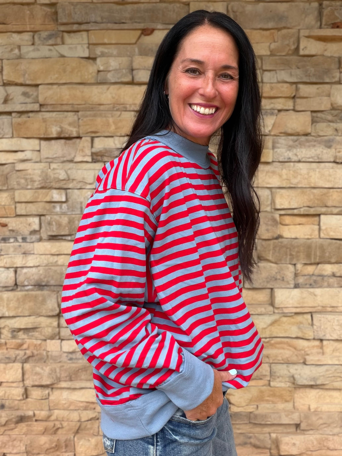 Contrast Stripe Terry Pullover, Denim/Red