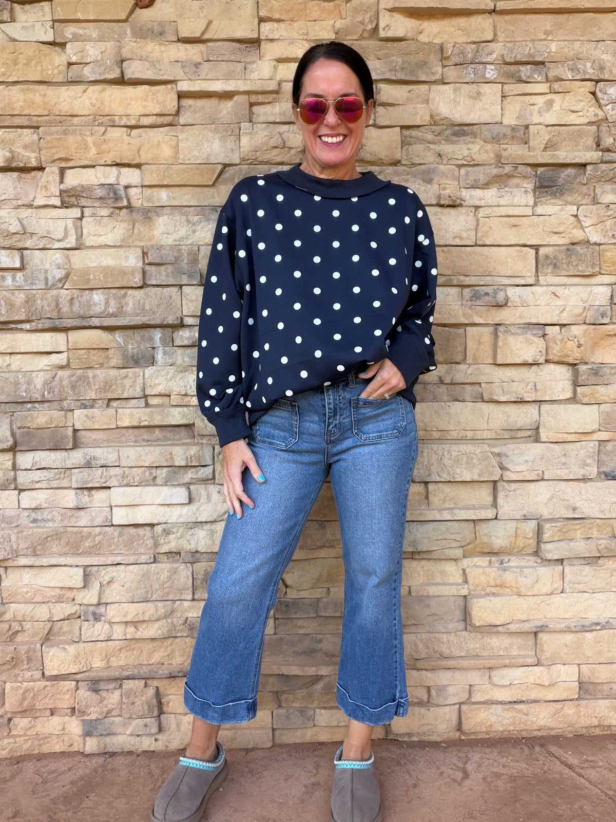Polka Dot Scuba Pullover, Navy