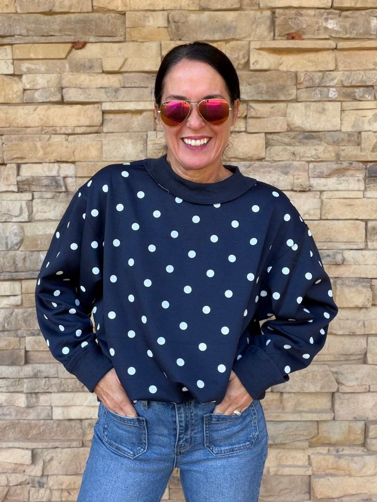 Polka Dot Scuba Pullover, Navy