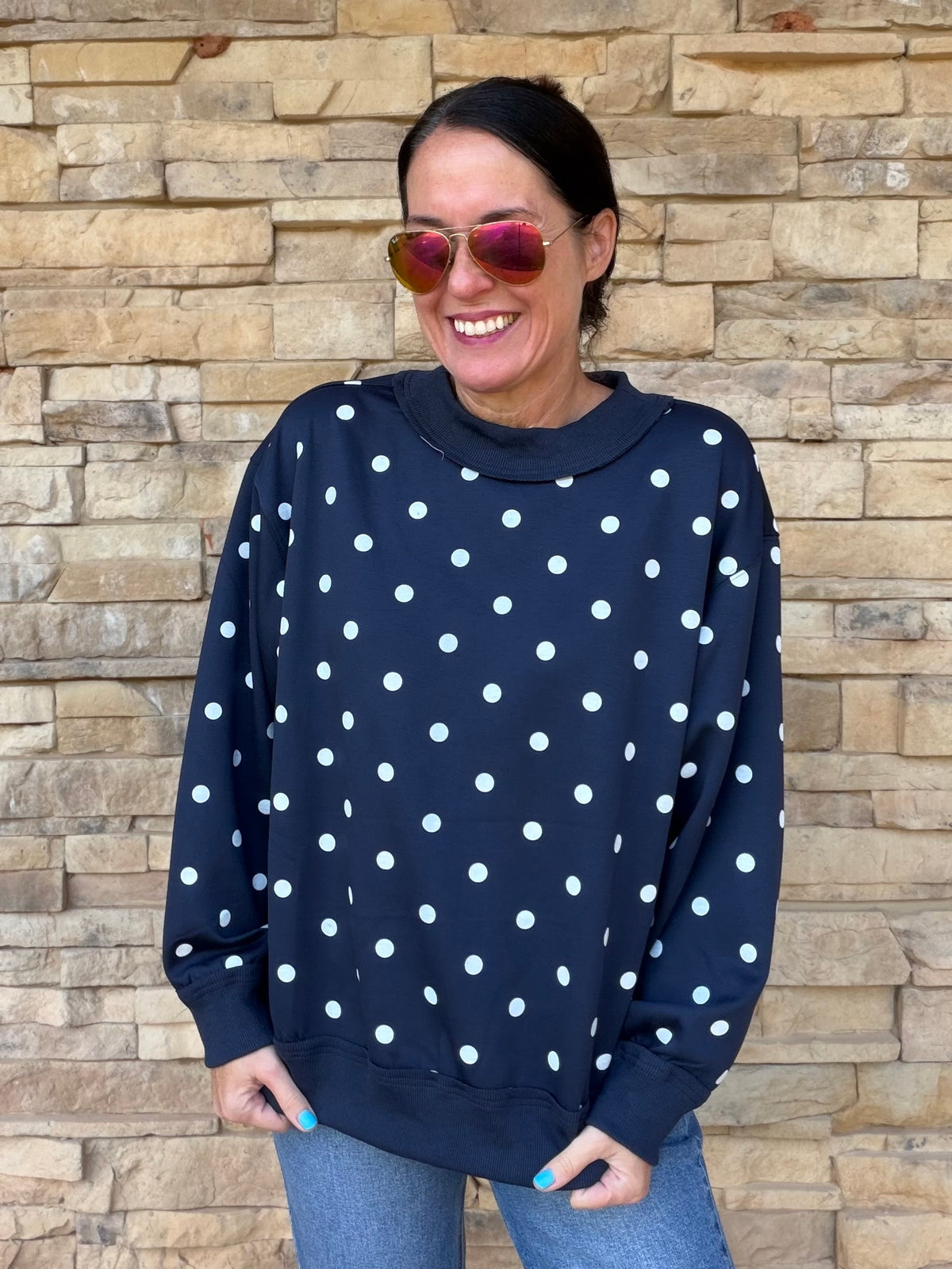 Polka Dot Scuba Pullover, Navy