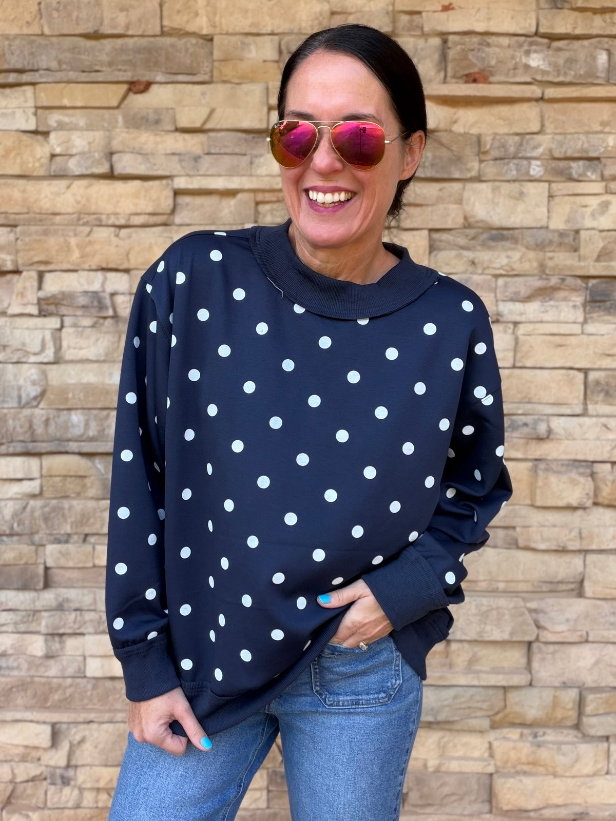 Polka Dot Scuba Pullover, Navy