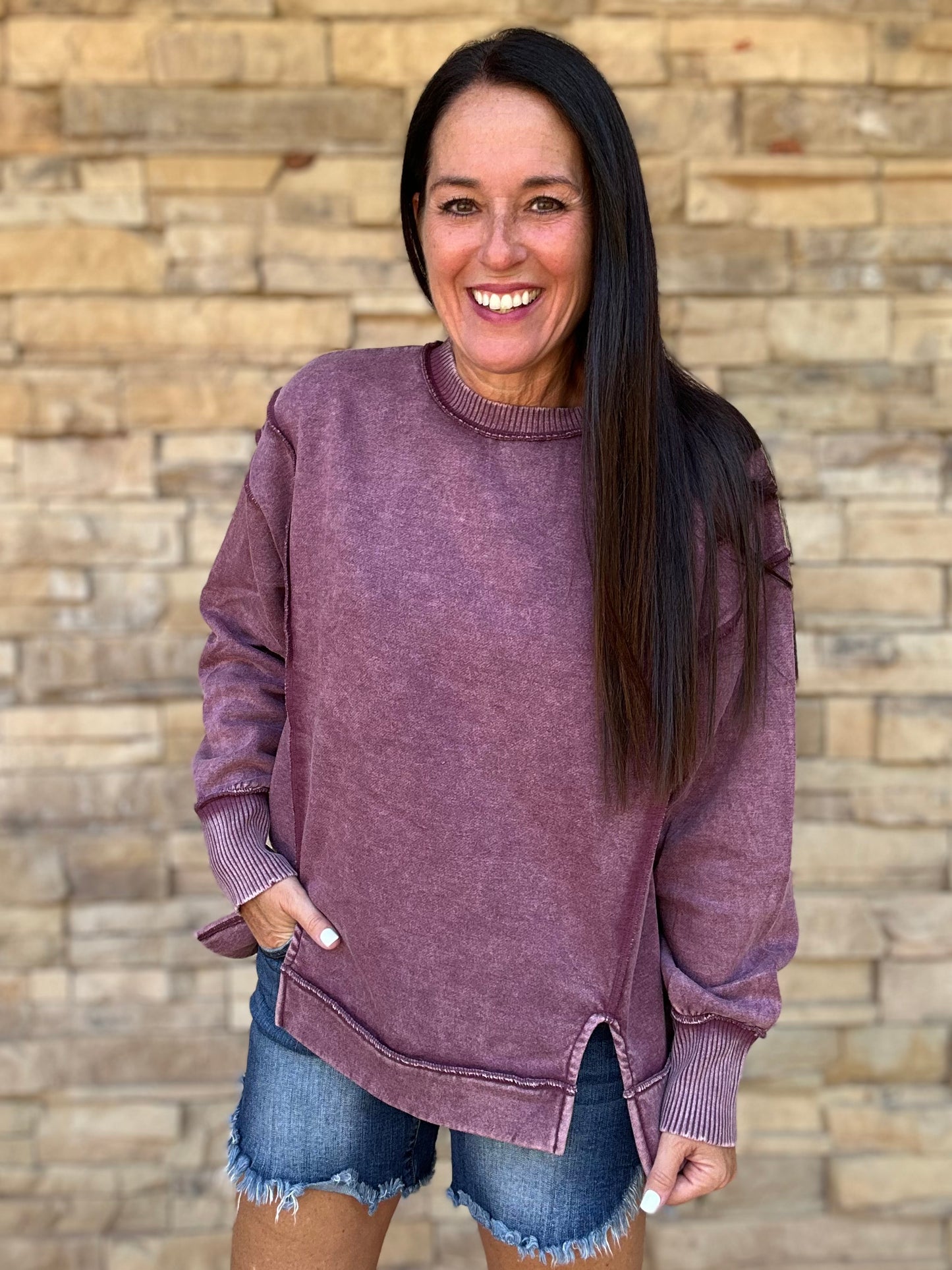Zenana Acid Wash Sweatshirt, Eggplant
