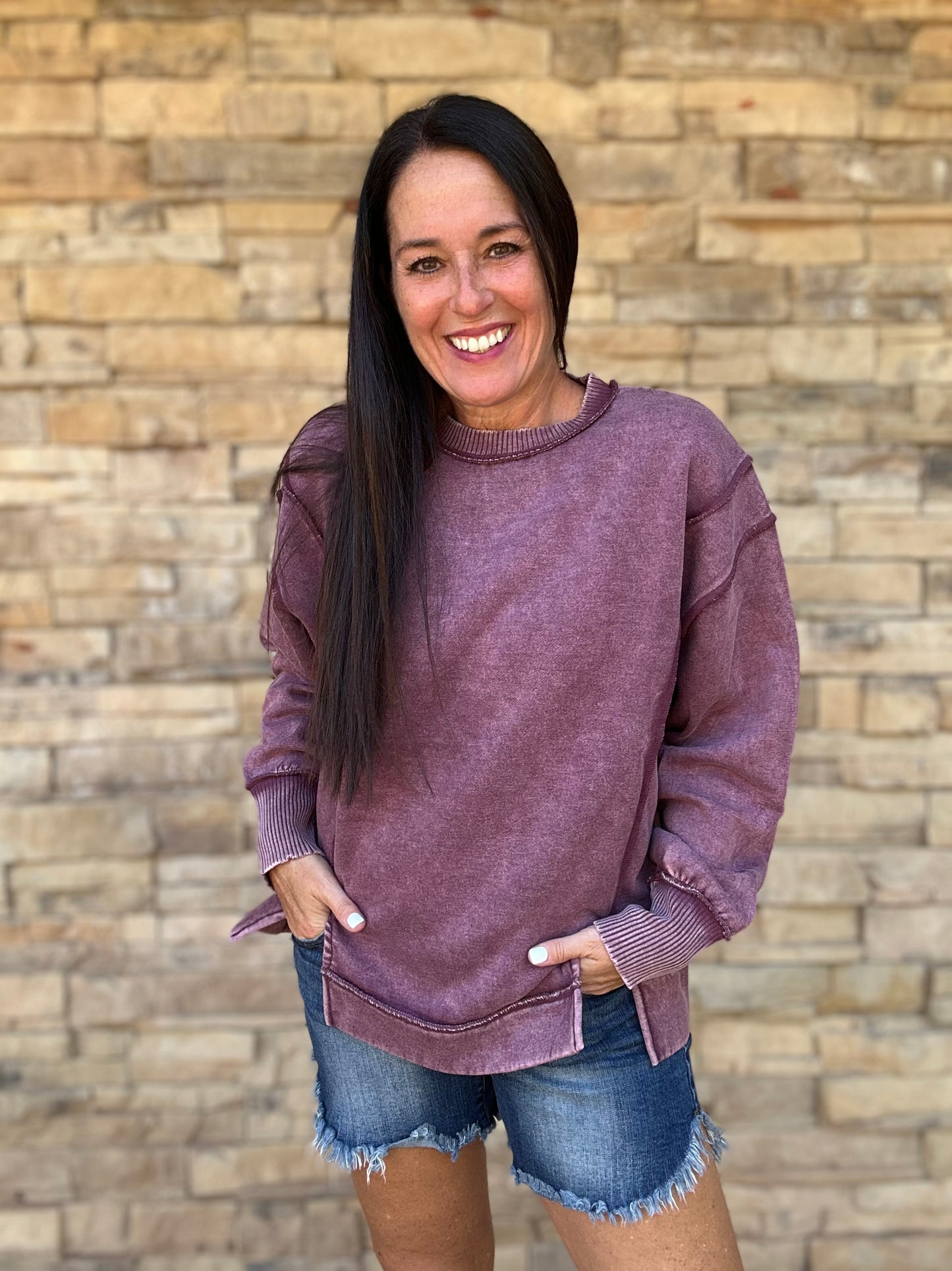 Zenana Acid Wash Sweatshirt, Eggplant