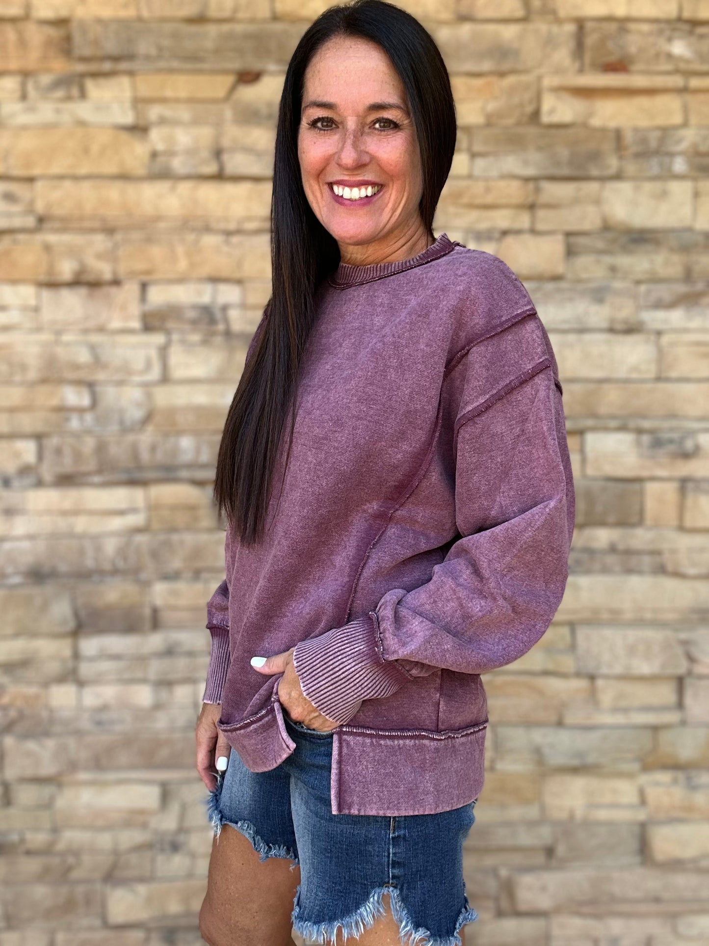 Zenana Acid Wash Sweatshirt, Eggplant