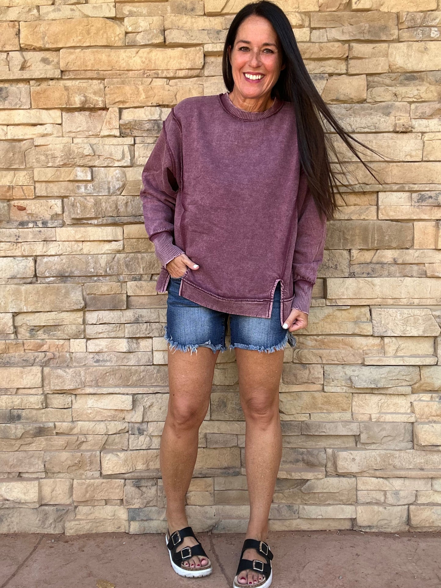 Zenana Acid Wash Sweatshirt, Eggplant