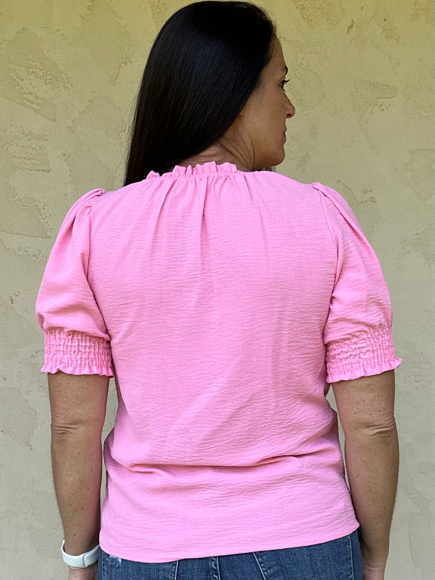 Smocked V-Neck Top, Pink