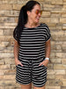 Zenana Short Sleeve Striped Romper, Black/Ivory