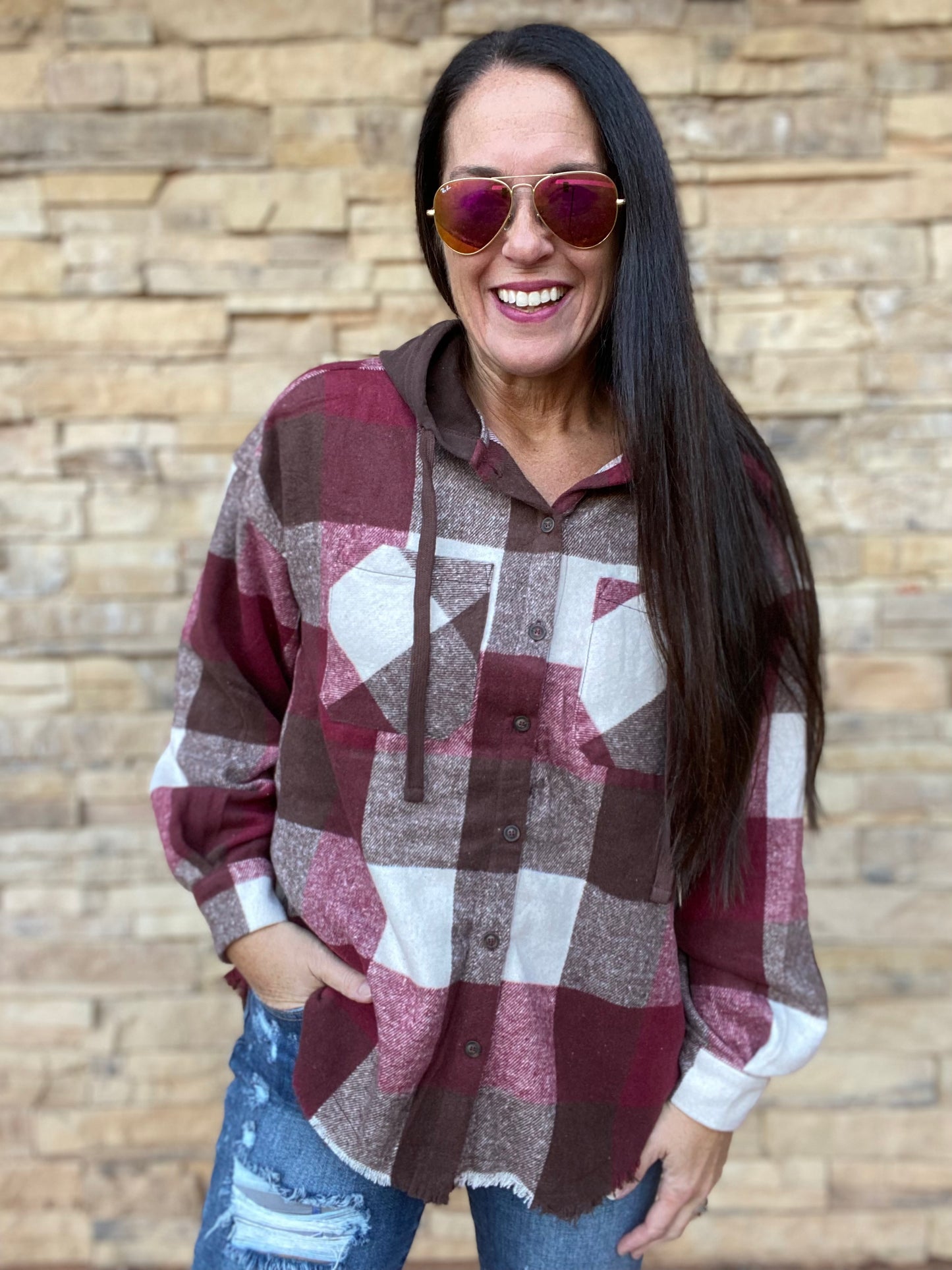 Plaid Hooded Shacket, Wine