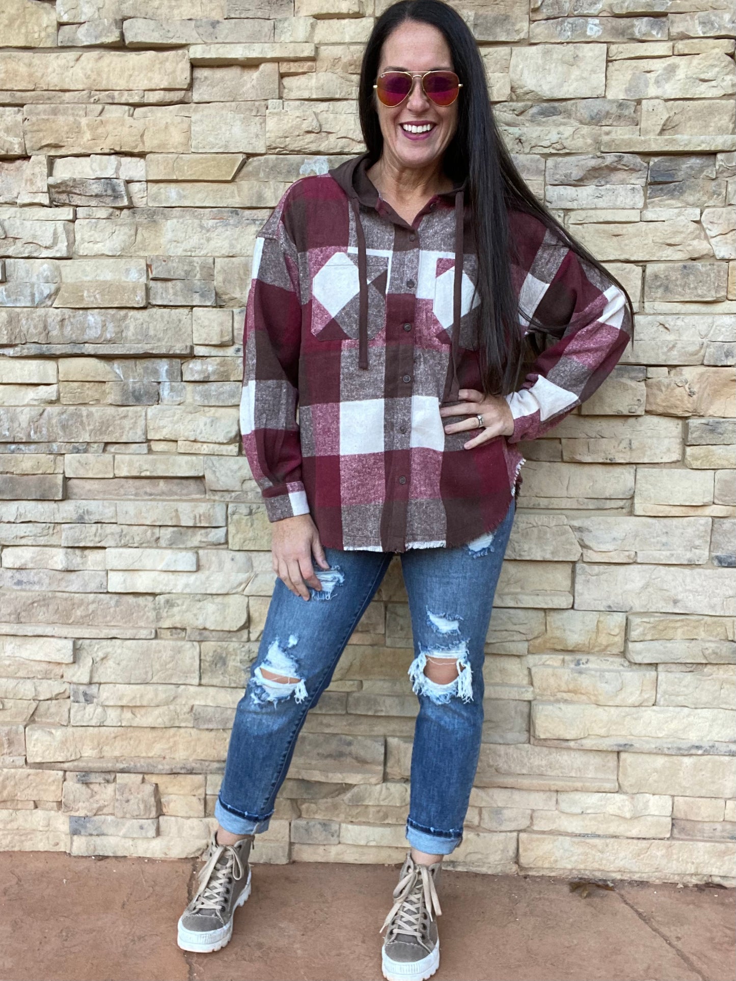 Plaid Hooded Shacket, Wine