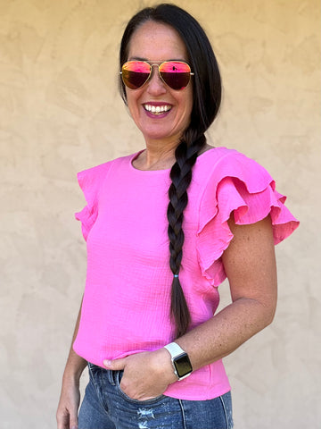Don't Ruffle My Feathers Top, Hot Pink