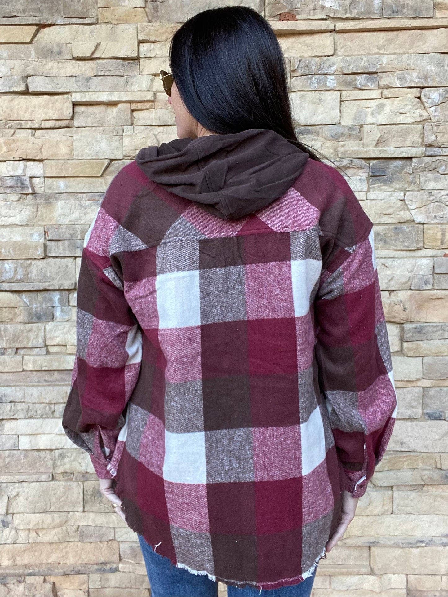 Plaid Hooded Shacket, Wine