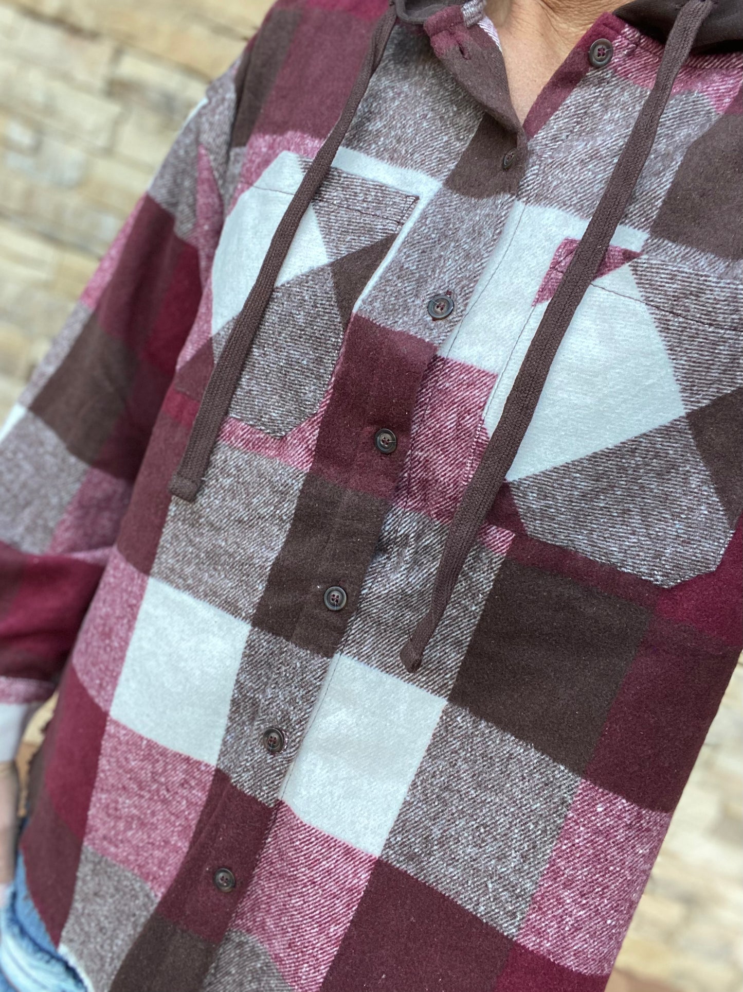 Plaid Hooded Shacket, Wine