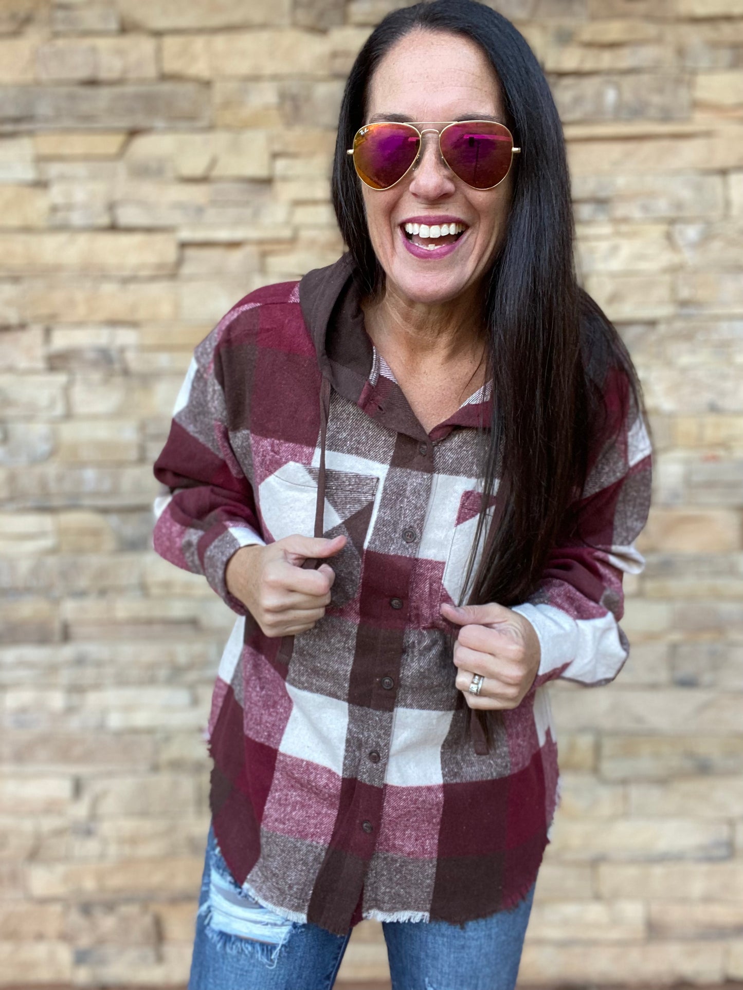 Plaid Hooded Shacket, Wine