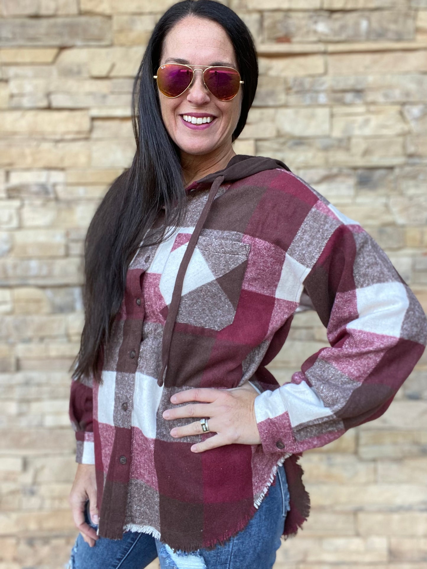 Plaid Hooded Shacket, Wine