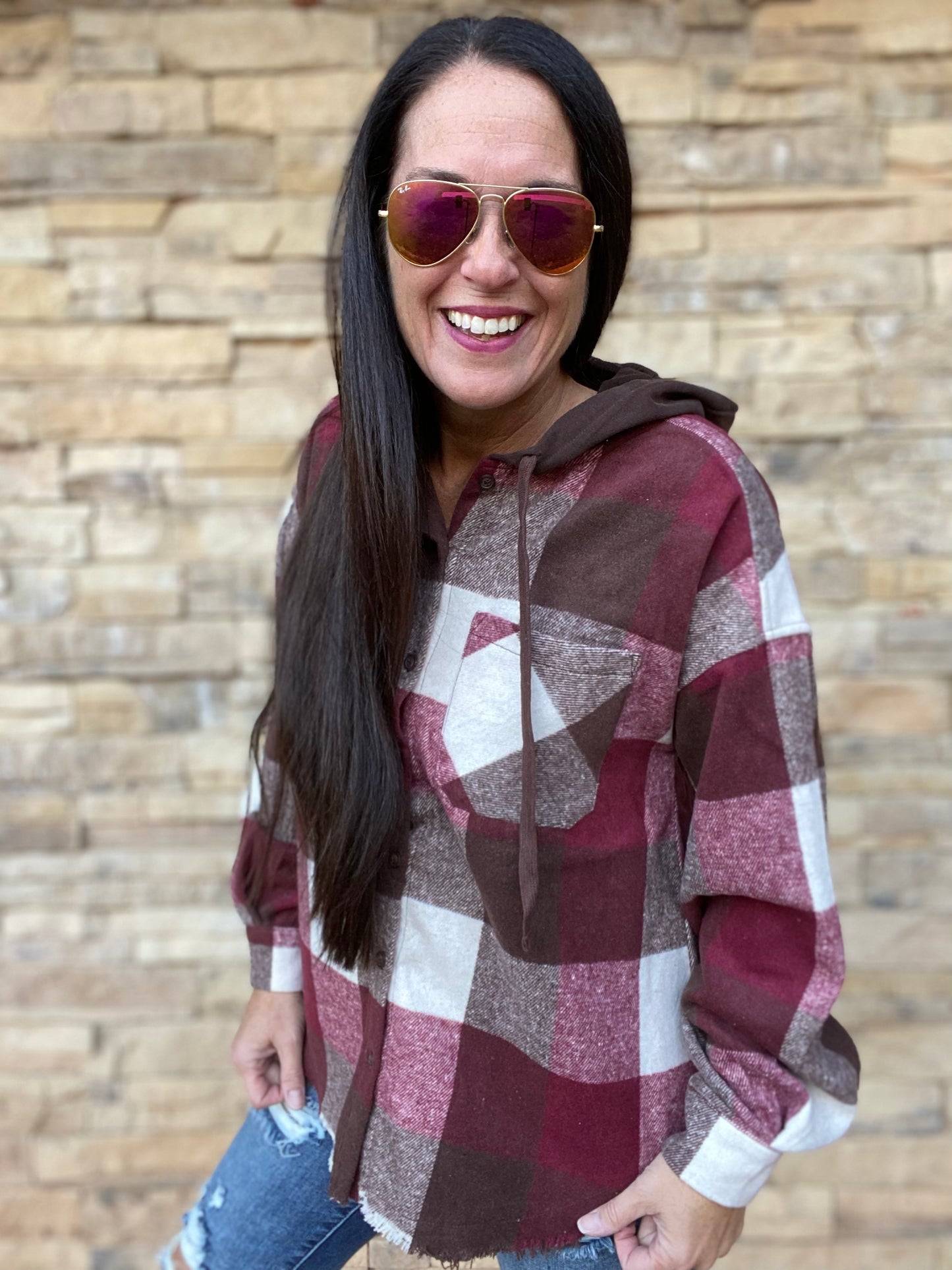 Plaid Hooded Shacket, Wine